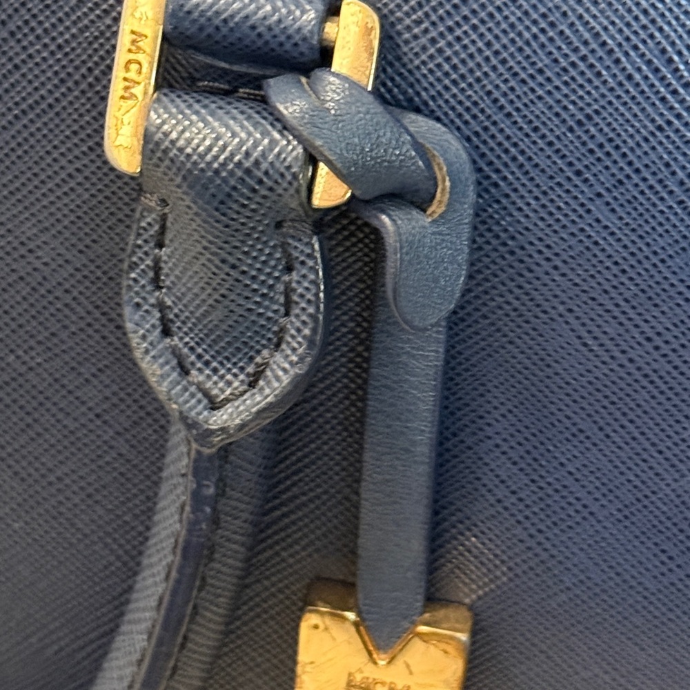 MCM Navy Blue Leather Satchel w/ Strap & Gold Hardware - Picture 11 of 12